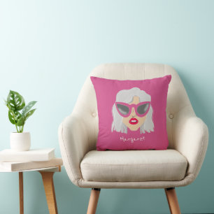 Cool Grey-Haired Woman with Glasses Custom Name Cushion