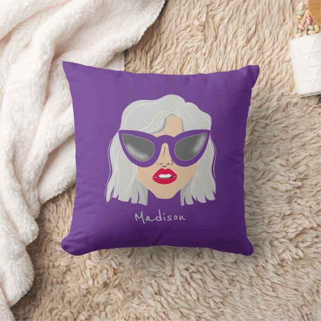 Cool Grey-Haired Woman with Glasses Custom Name Cushion (Blanket)