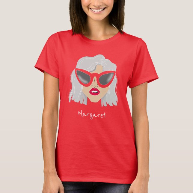Cool Grey-Haired Woman with Glasses Custom Name T-Shirt (Front)