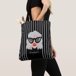 Cool Grey-Haired Woman with Glasses Custom Name Tote Bag