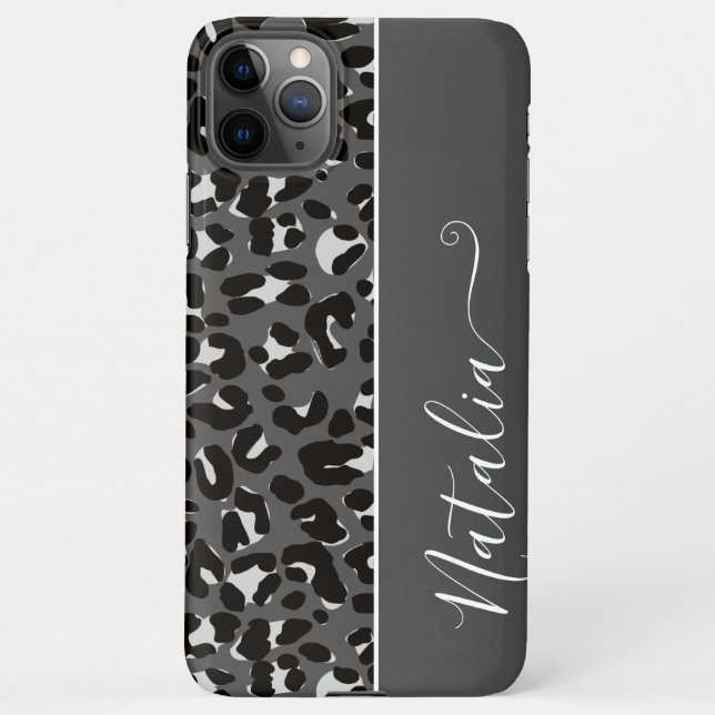 Cool Grey Leopard Pattern Background Custom Name iPhone Case (Back)