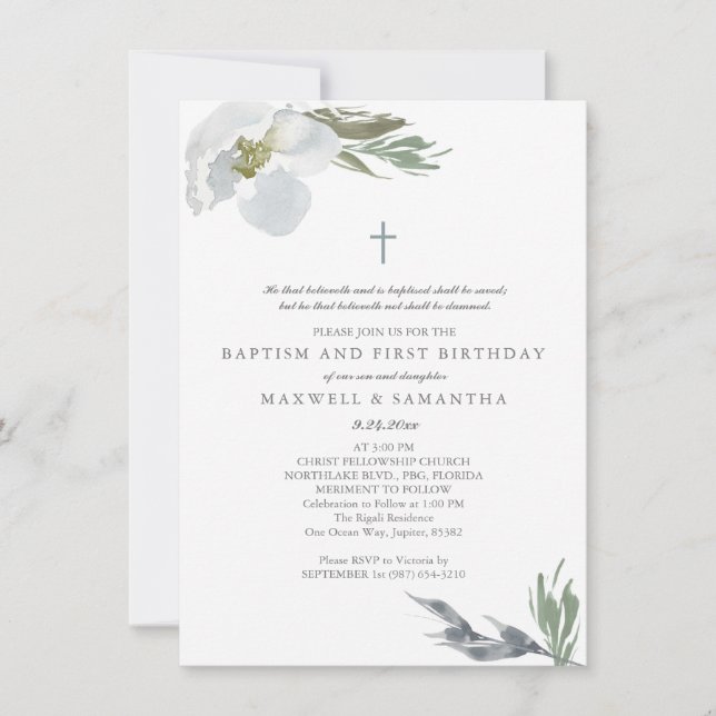 Cool Grey Watercolor Florals Twins Baptism Invitation (Front)