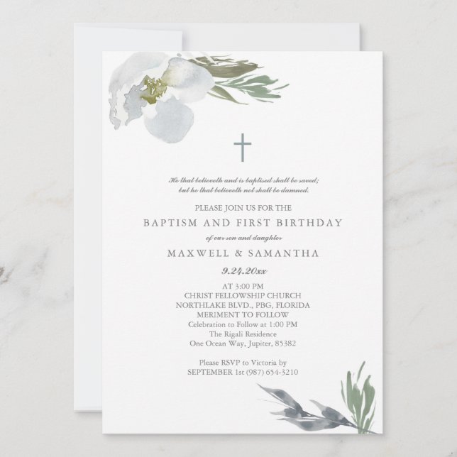 Cool Grey Watercolor Florals Twins Baptism Invitation (Front)