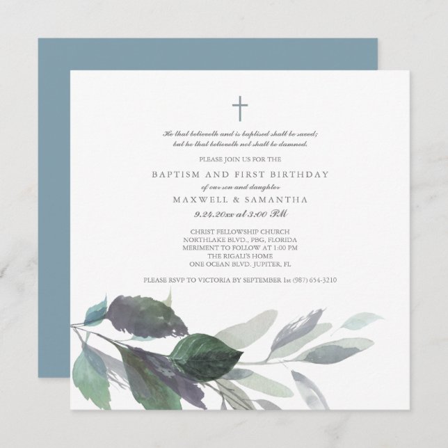 Cool Grey Watercolor Leaves Twins Baptism Invitation (Front/Back)