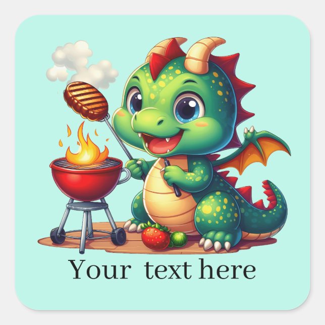Cool grilling dragon add text  square sticker (Front)