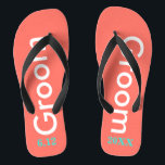 Cool Groom Coral Jandals<br><div class="desc">Groom is written in white text against bright coral background.  Personalise with date of wedding in turquoise blue.  Cool beach destination or honeymoon flip flops.  Original designs by TamiraZDesigns.</div>