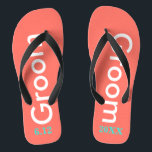 Cool Groom Coral Jandals<br><div class="desc">Groom is written in white text against bright coral background.  Personalise with date of wedding in turquoise blue.  Cool beach destination or honeymoon flip flops.  Original designs by TamiraZDesigns.</div>