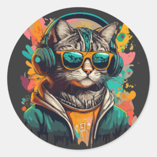 Cool Groovy Cat with Headphones Listening to Music Classic Round Sticker