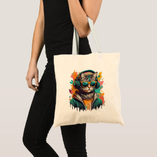 Cool Groovy Cat with Headphones Listening to Music Tote Bag