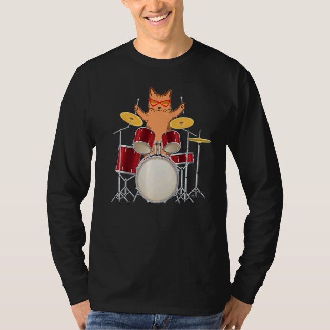 Cool Groovy Hippy Kitty Cat Playing His Drum Set I T-Shirt (Front)