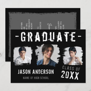 Cool Grunge Black 3 Photo Graduation Announcement