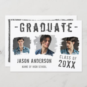 Cool Grunge White 3 Photo Graduation Announcement