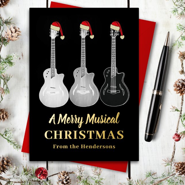 Cool Guitar Merry Christmas Personalised Gold Foil Holiday Postcard (Merry musical christmas guitars black and gold foil custom holiday greetings postcard)