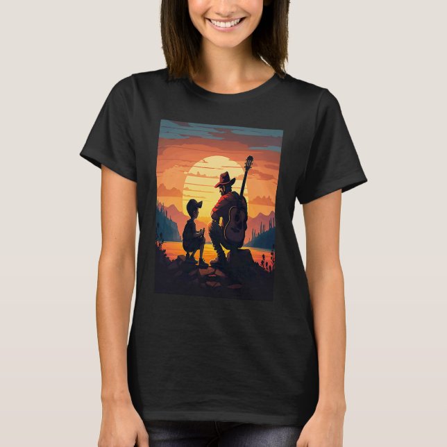 Cool Guitarist Father Dad Playing Guitar In Sunset T-Shirt (Front)