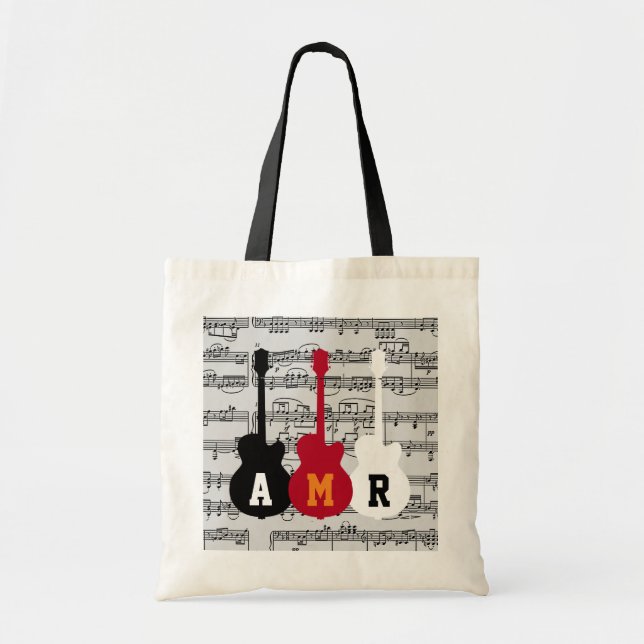 cool guitars with musical notes and initials tote bag (Front)