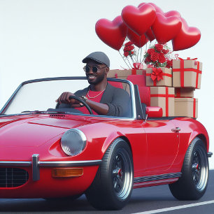 Cool Guy in Red Convertible with Valentines Holiday Card