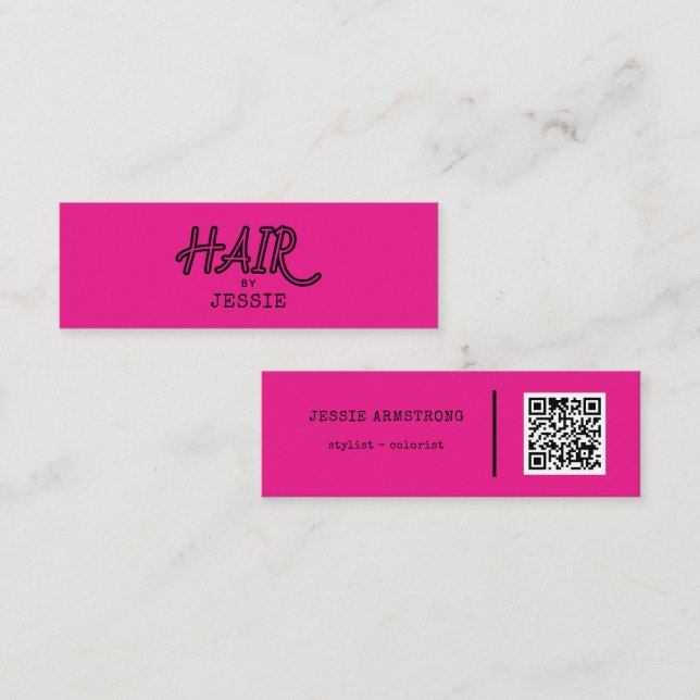 Cool Hair Stylist QR Code Pink Mini Business Card (Front/Back)