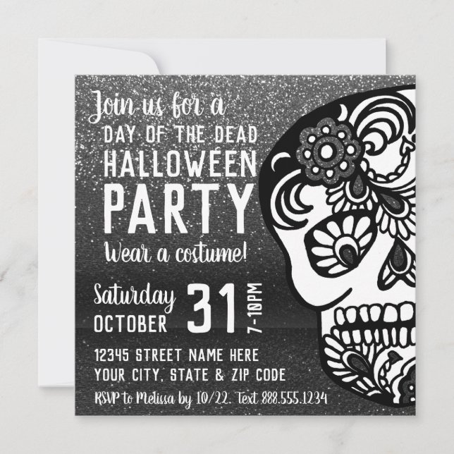 Cool Halloween Day of the Dead Glitter Sugar Skull Invitation (Front)