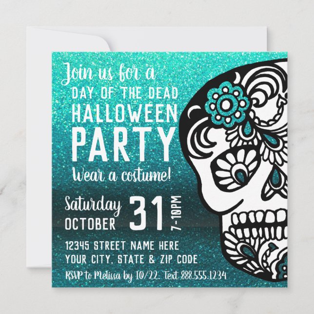Cool Halloween Day of the Dead Glitter Sugar Skull Invitation (Front)