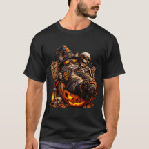 Cool Halloween Witch Cat & Skeleton T-Shirt