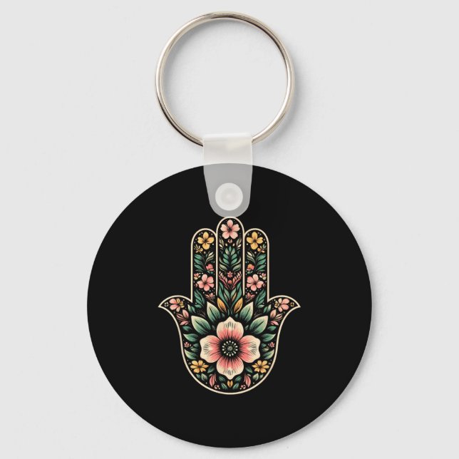 Cool Hamsa Khamsa Symbol In Floral Art Style Chris Key Ring (Front)