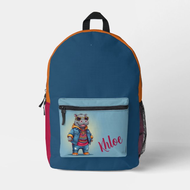 Cool Happy Hippo Personalised  Printed Backpack (Front)