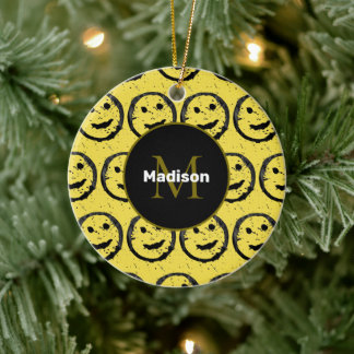 Cool Happy Smiling face pattern yellow Monogram Ceramic Tree Decoration