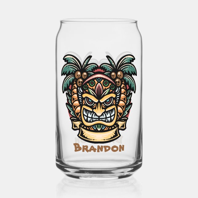 Cool Hawaii tiki party add name Can Glass (Front)