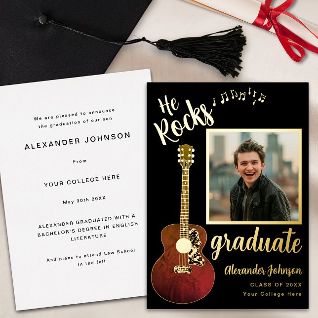 Cool He Rocks Graduate Photo Modern Black and Gold (Cool country music guitar graduate photo modern black and gold foil Graduation announcement card)