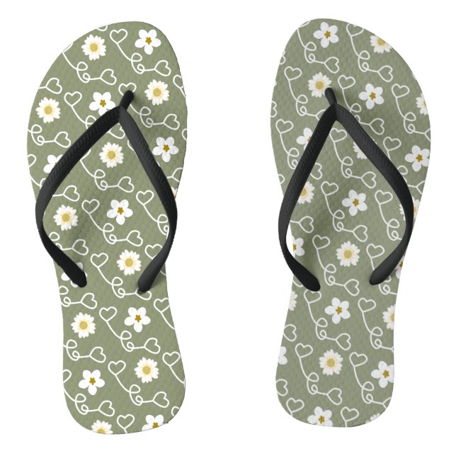 Cool hearts and white flowers on green background jandals (Footbed)
