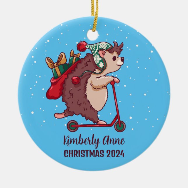 Cool Hedgehog Christmas Snowy Winter Holiday Ceramic Tree Decoration (Front)