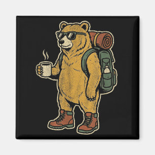Cool Hiking Bear with Coffee Backpack Sunglasses Magnet