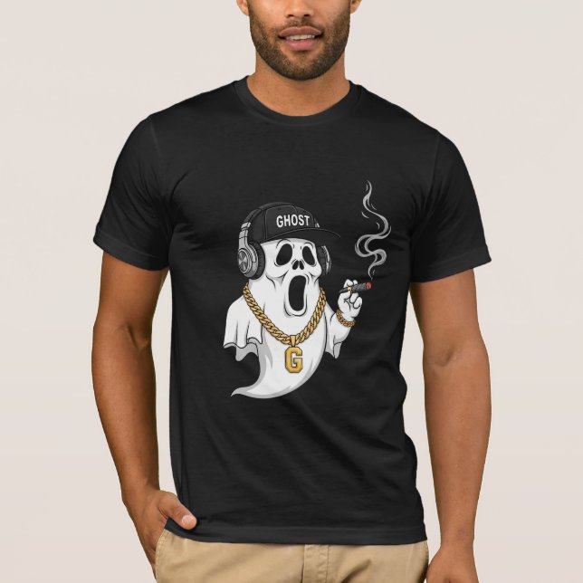 Cool Hip Hop Ghost with Gold Chain and Cigar T-Shirt (Front)