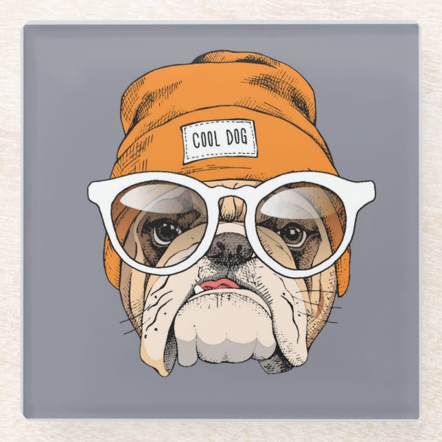 Cool Hipster Bulldog Glass Coaster (Front)