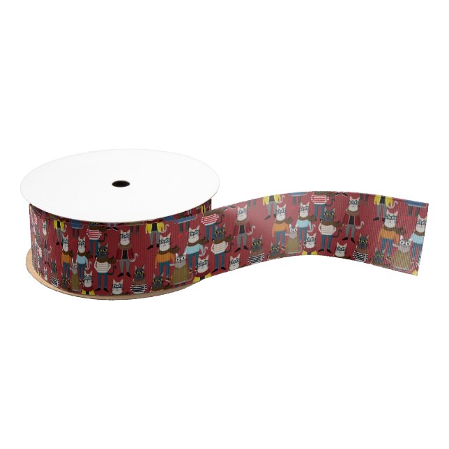 Cool Hipster Cat Pattern Grosgrain Ribbon (Spool)