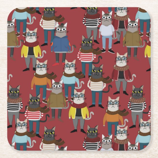 Cool Hipster Cat Pattern Square Paper Coaster (Front)