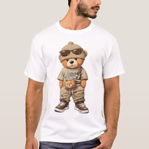 Cool Hipster Teddy Bear in Tan Streetwear Outfit T-Shirt