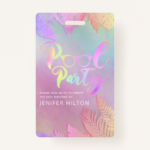 Cool holographic tropical leaves script pool party ID badge