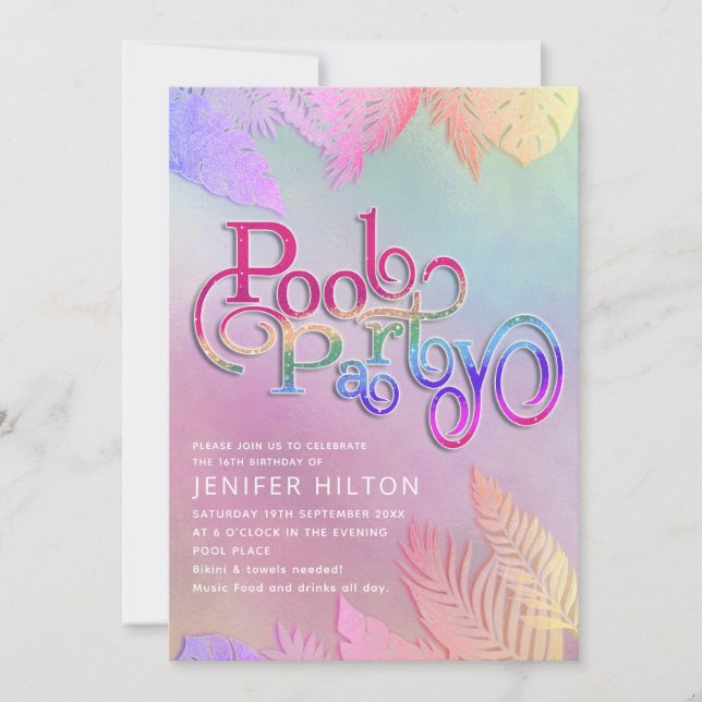 Cool holographic tropical leaves script pool party invitation (Front)