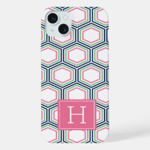 Cool Honeycomb Pattern and Pink Monogram iPhone 15 Plus Case