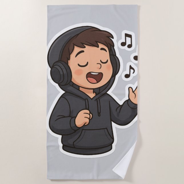 Cool Hoodie Boy Singing Sticker 🎧 | Music Lover A Beach Towel (Front)