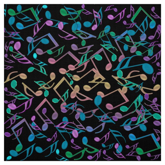 Cool Hued Music Notes Colourful Black Fabric (Swatch)