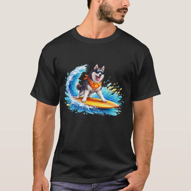 Cool husky dog surfing on a wave T-Shirt (Front)