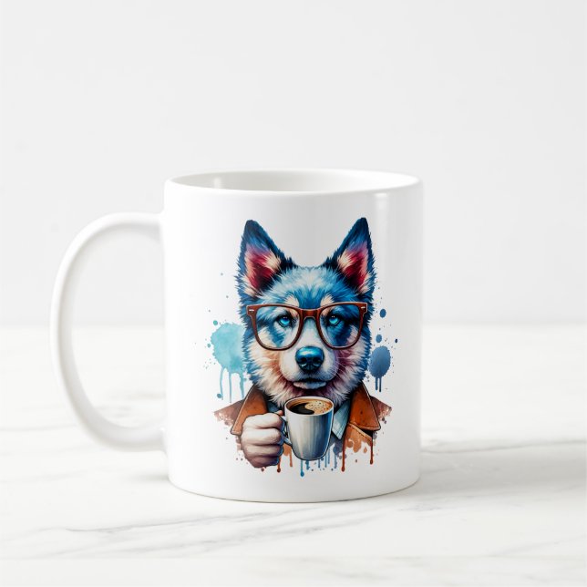 Cool Husky with Coffee – Hipster Dog Art Mug (Left)