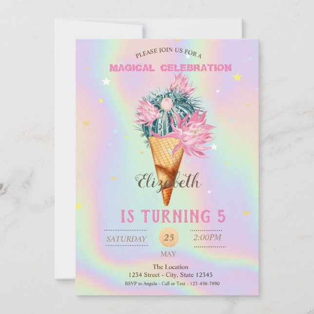 Cool Ice cream Cactus Holographic Birthday Invitation (Front)