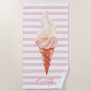 Cool Ice Cream Pink Stripes Beach Towel