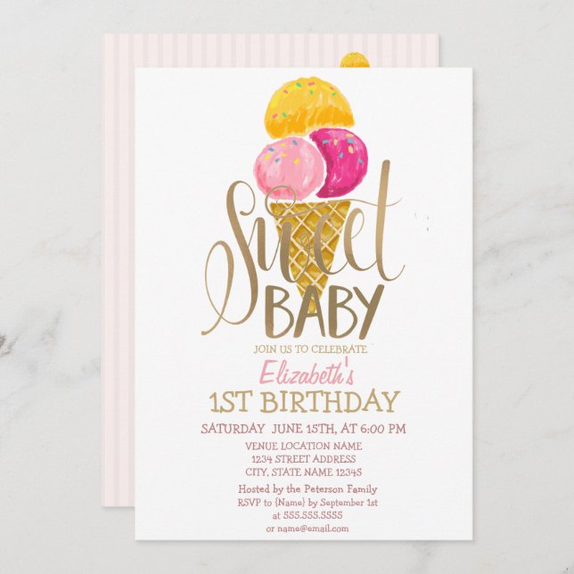 Cool Ice Cream Striped Birthday  Invitation (Front/Back)