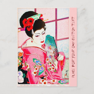 Cool japanese beauty Lady Geisha pink Fan art Postcard