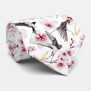 cool Japanese birds flowers tiled pattern Tie