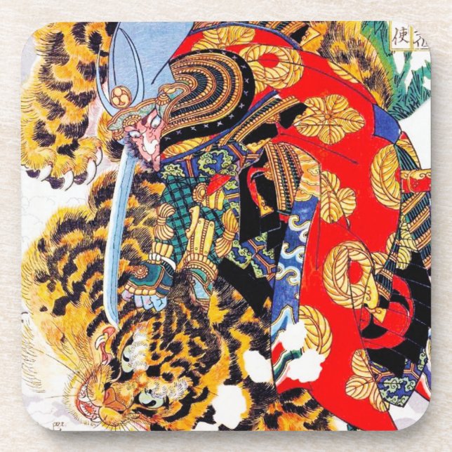 Cool japanese  Legendary Samurai fight tiger art Coaster (Front)